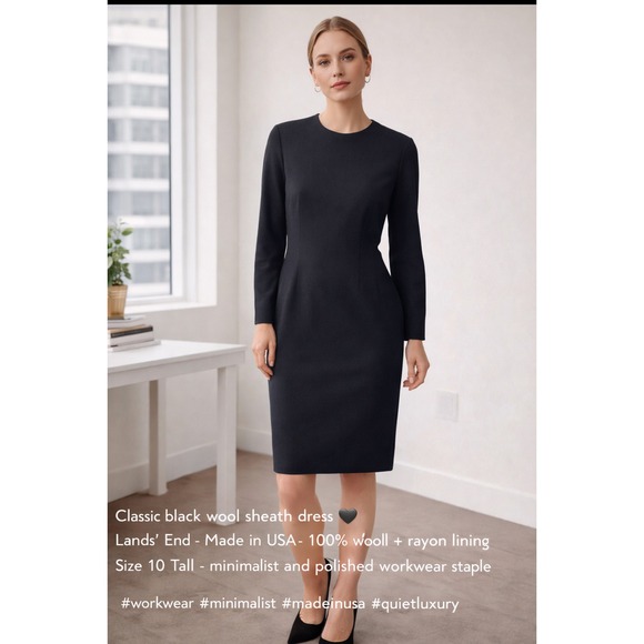 Lands' End Dresses & Skirts - Lands' End Black Wool Sheath Dress Women's 10 Tall, USA,Long Sleeve. minimalist.